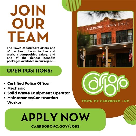 Graphic encouraging people to apply for jobs with the Town of Carrboro
