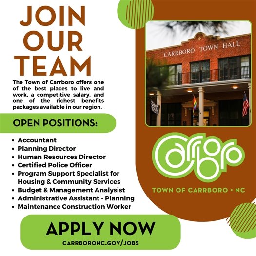 Graphic encouraging people to apply for jobs with the Town of Carrboro