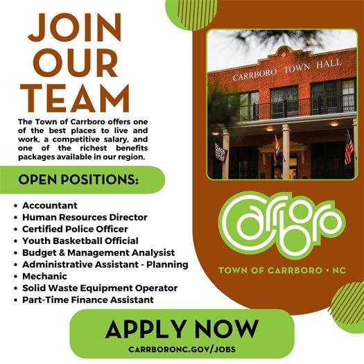 Graphic encouraging people to apply for jobs with the Town of Carrboro
