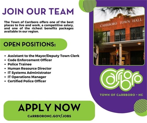 Graphic encouraging people to apply for jobs with the Town of Carrboro