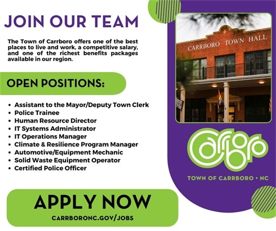 Graphic encouraging people to apply for jobs with the Town of Carrboro