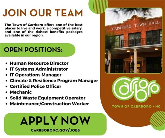Graphic encouraging people to apply for jobs with the Town of Carrboro