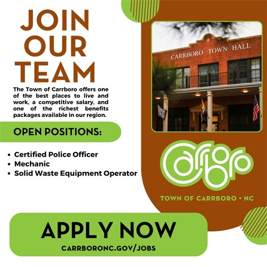 Graphic encouraging people to apply for jobs with the Town of Carrboro
