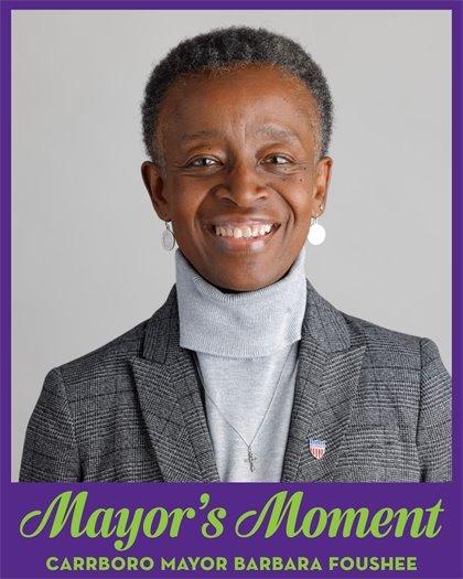 Portrait of Mayor Barbara Foushee with "Mayor's Moment" on a purple border