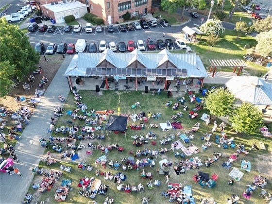 A crowd is enjoying music at Carrboro Town Commons at a Freight Train Blues Concert
