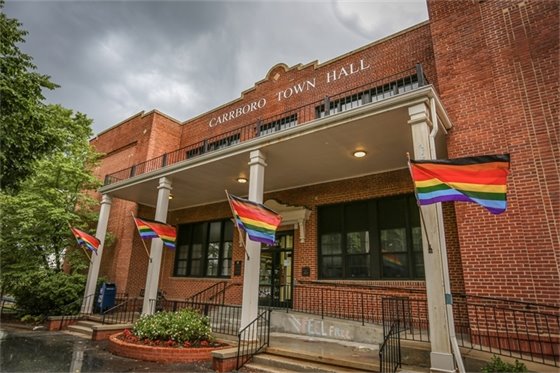 Town Hall with Rainbow Flags