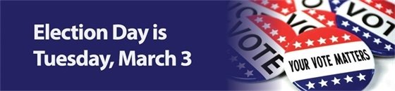 red white and blue graphic with your vote matters button with message election day is March 3