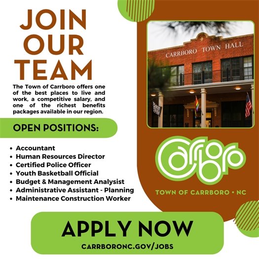 Graphic encouraging people to apply for jobs with the Town of Carrboro