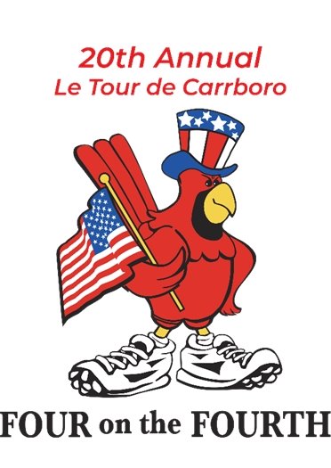 Four on the Fourth Logo: Cardinal with running shoes and patriotic top at on, holding and American Flag