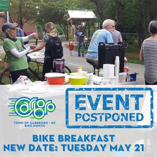 Bike breakfast graphic, bikers gathering at tables eating breakfast along the Libba Cotten Bikeway