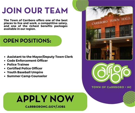 Graphic encouraging people to apply for jobs with the Town of Carrboro