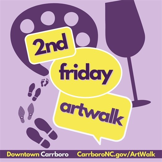 2nd Friday Art Walk: light purple background with dark purple wine glass, palette and feet with yellow text boxes