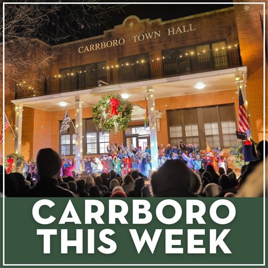 children singing on the steps of Carrboro Town Hall during the 2024 Tree Lighting