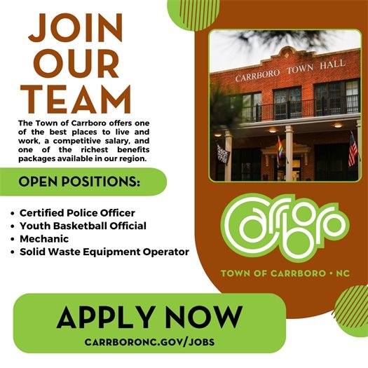 Graphic encouraging people to apply for jobs with the Town of Carrboro