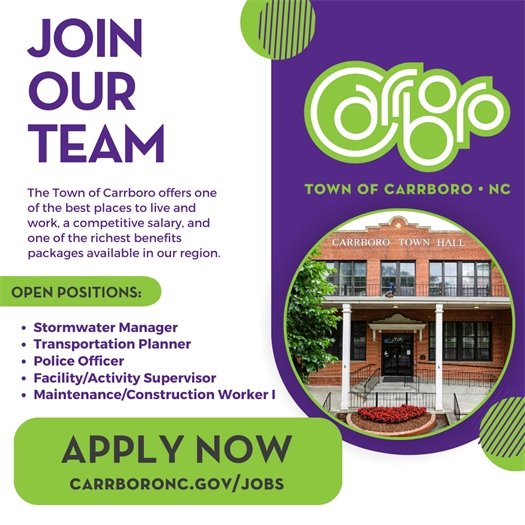 Graphic encouraging people to apply for jobs with the Town of Carrboro