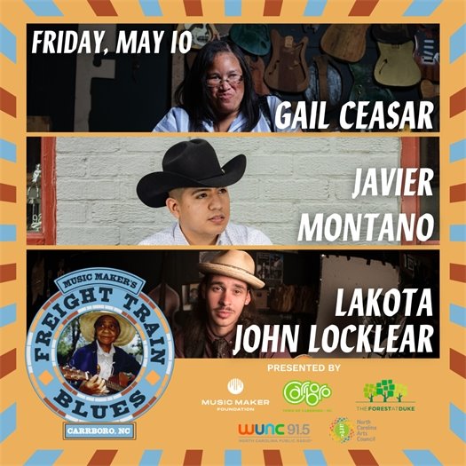 Freight Train Blues Concert Series May 10 graphic with images of Gail Ceasar, Javier Montano and Lakota John Locklear 