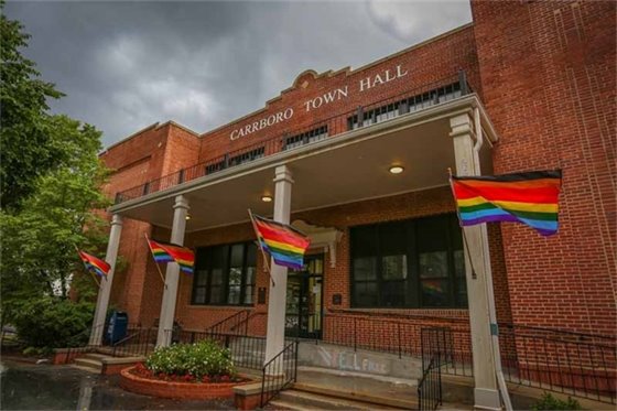 Town Hall with Pride Flags 