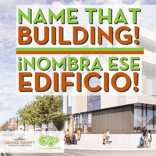 Graphic in English and Spanish for renaming the 203 Project with image of the 203 Project rendering underneath