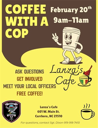 animated coffee cup announcing Coffee with a Cop at Lanza's Cafe