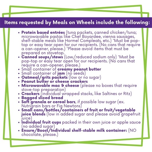 Items to donate for Meals on Wheels