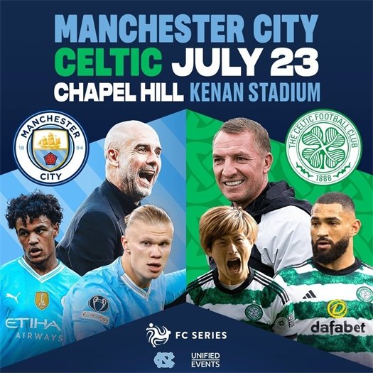excited soccer players advertising the July 23 match between Manchester City and Celtic