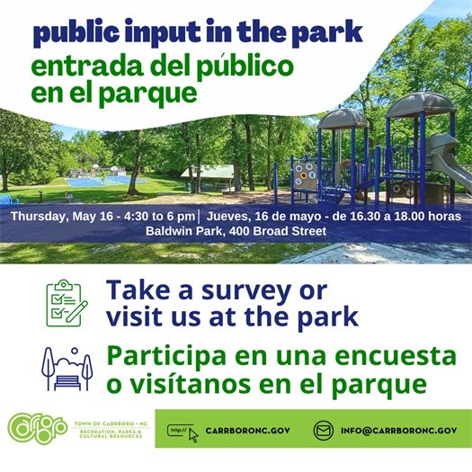 Image of Baldwin Park with information about taking a survey or joining the event