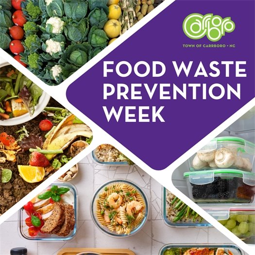 graphic with images of food, compost and leftovers to raise awareness about Food Waste Prevention Week