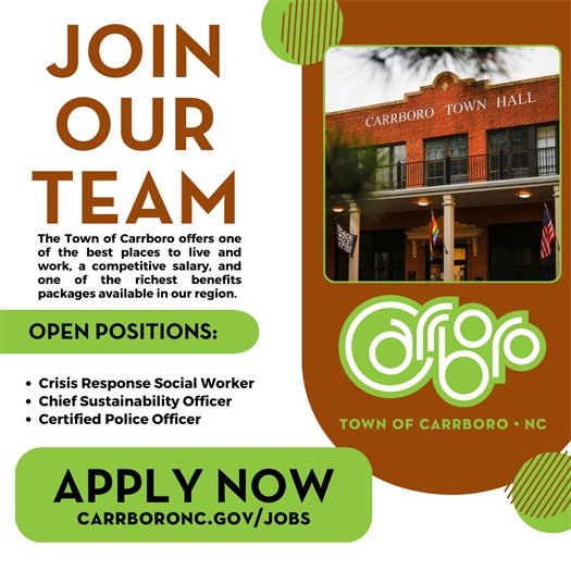 Graphic encouraging people to apply for jobs with the Town of Carrboro