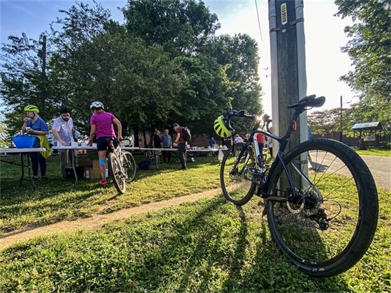Bikers take part in the annual Bike Breakfast on the Libba Cotten Bikeway in Carrboro, N.C.