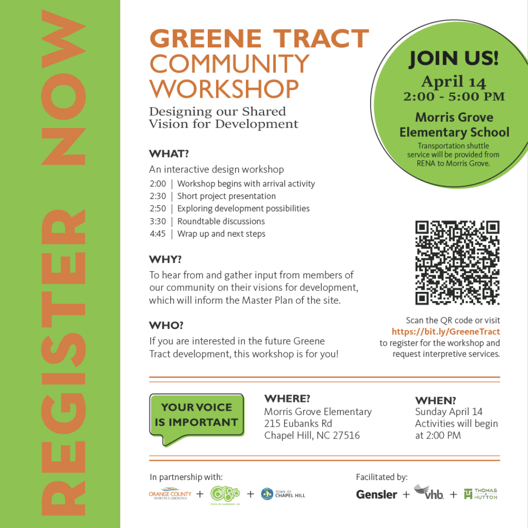 Graphic with information on the Greene Tract workshop from Orange County