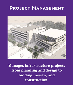 Project Management Banner. Picture shows blueprints of the Drakeford Library Complex