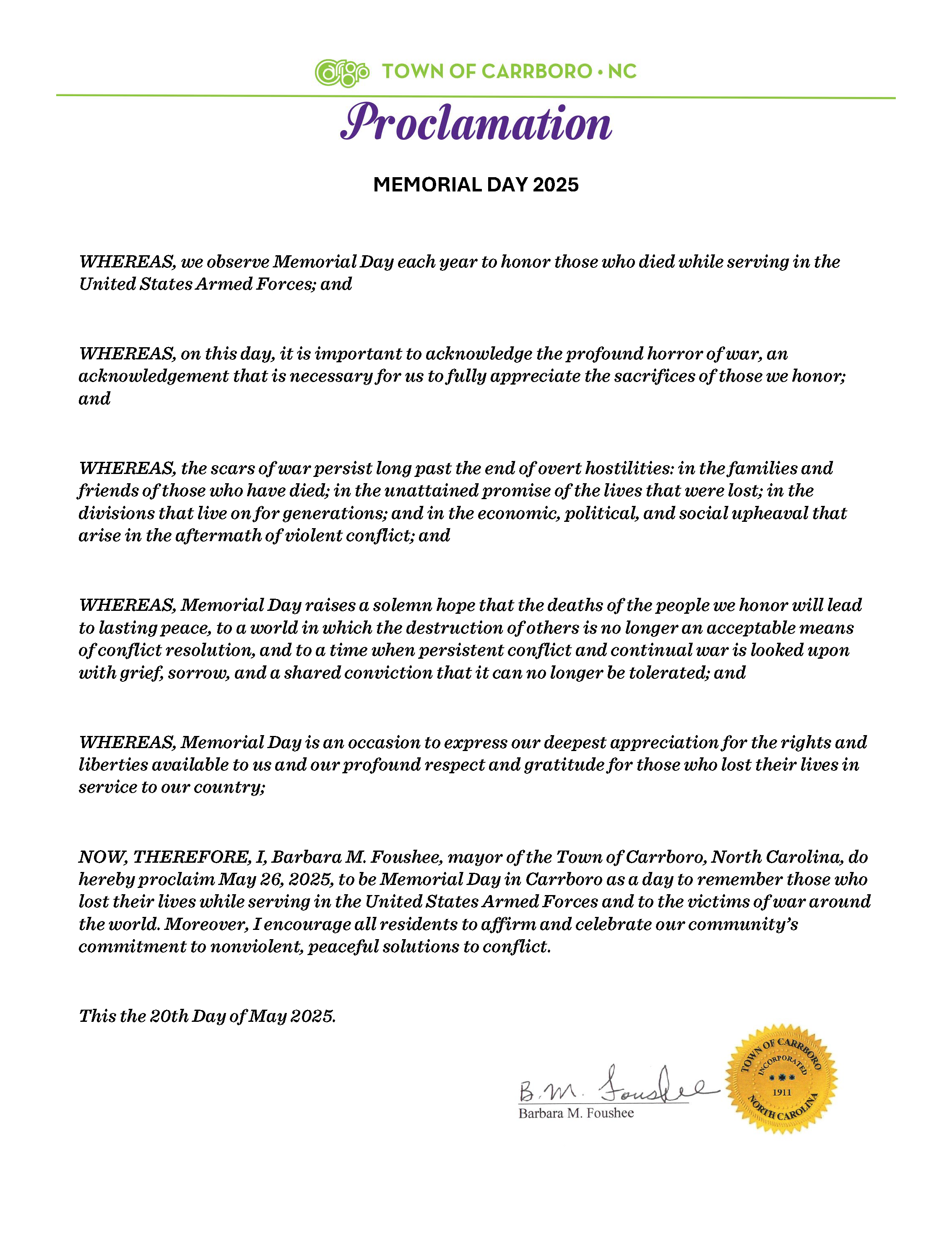 Memorial Day Proclamation 5-20-25